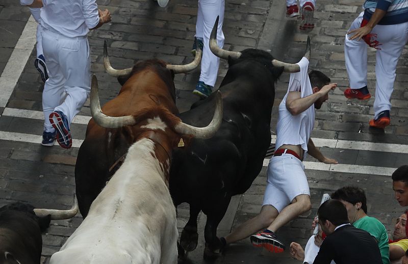 Los toros de la ganadería de La Palmosilla, de Tarifa (Cádiz), a su paso por la calle de Mercaderes.