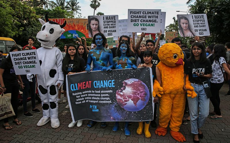 Protestar por los que no pueden hacerlo. en Mumbai (India) se disfrazan de animales para protestar por el cambio climático en la Huelga Mundial por el Clima.