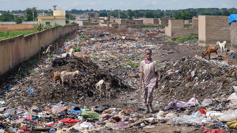 Animales y cabras conviven entre la basura en el campo de desplazados de Faladie, en Bamako (Mali)
