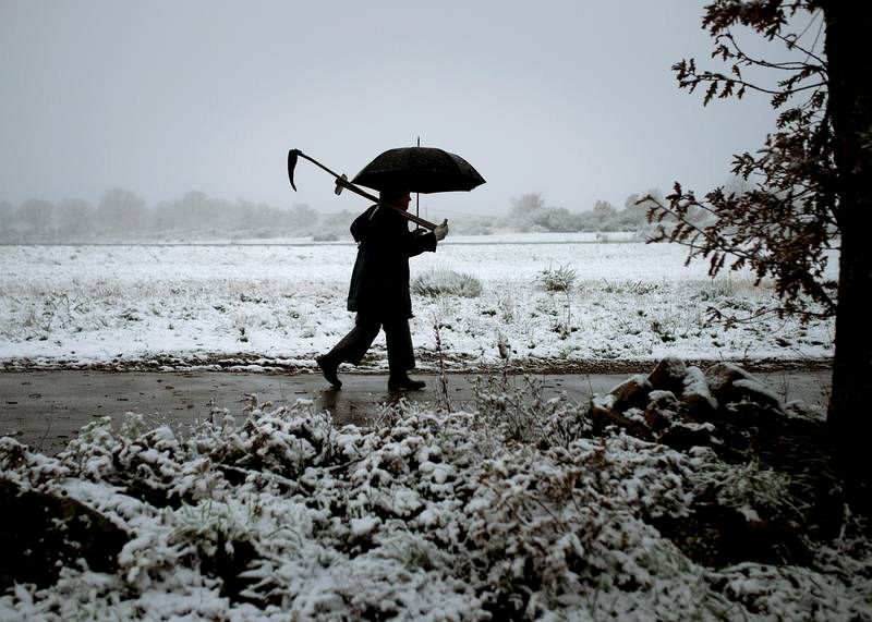  Un hombre camina por un camino nevado en el pueblo de O Cañizo, (A Gudiña).