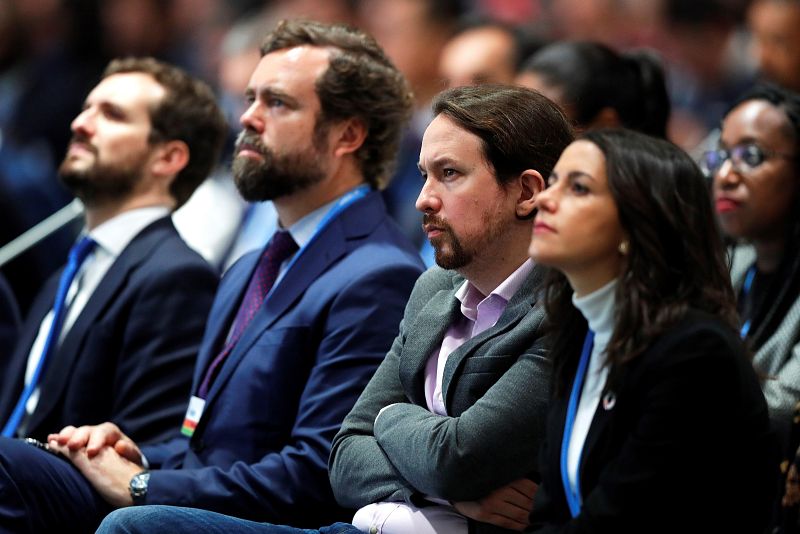 Pablo Casado (PP), Iván Espinosa de los Monteros (Vox), Pablo Iglesias (Podemos), e Inés Arrimadas (Ciudadanos), i-d., durante la ceremonia.