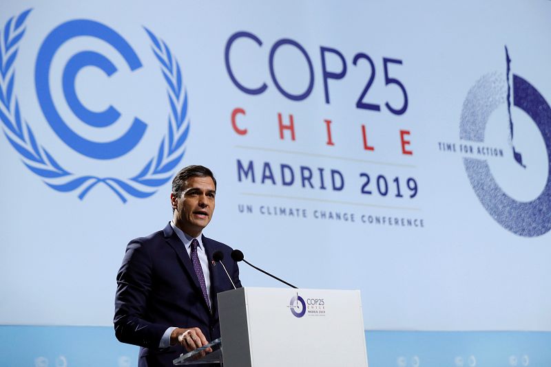 Pedro Sánchez durante su intervención en la ceremonia de apertura de la 25 Conferencia de las Partes del Convenio Marco de Naciones Unidas sobre Cambio Climático (COP).