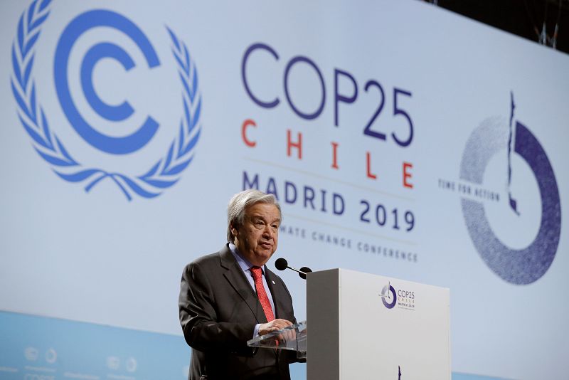 GRAF1346. MADRID, 02/12/2019.- El secretario general de la ONU, Antonio Guterres, durante su intervención en la ceremonia de apertura de la 25 Conferencia de las Partes del Convenio Marco de Naciones Unidas sobre Cambio Climático (COP).