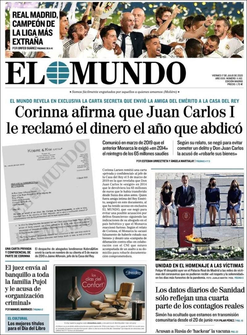 El diario de información general destaca en la parte alta de su portada una foto de los campeones de Liga y su técnico tras recibier el trofeo. 