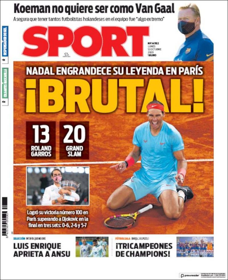 Rafa Nadal en la portada de Sport