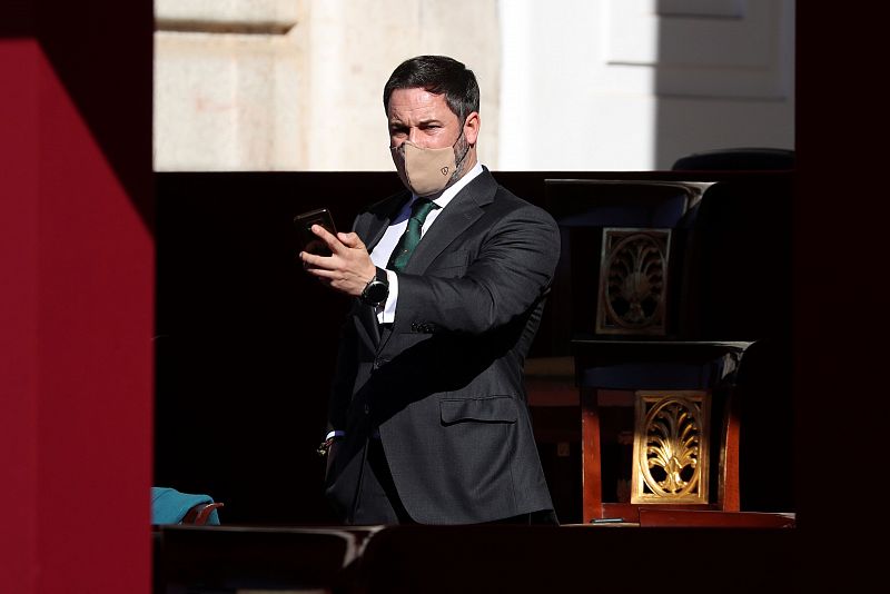 El líder de Vox, Santiago Abascal, durante el acto organizado con motivo del Día de la Fiesta Nacional.