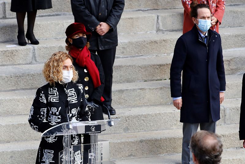 La presidenta del Congreso, Meritxell Batet, pronuncia un discurso en presencia de la vicepresidenta primera Carmen Calvo, y del vicepresidente segundo, Pablo Iglesias