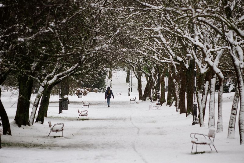 Una persona camina sobre la nieve en un parque en Vitoria este sábado. La ciudad amaneció cubierta de nieve por el temporal de frio que azota el norte de la península.