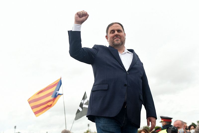 El presidente de ERC, Oriol Junqueras, durante su discurso tras la salida de prisión. 