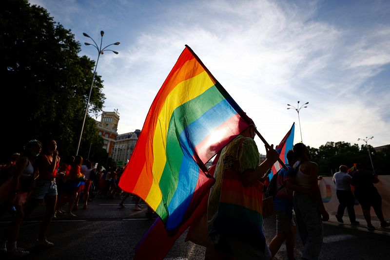 Un manifestante porta una bandera arcoiris durante la marcha en el centro de Madrid. 