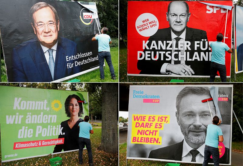 Una combinación de cuatro imágenes muestra carteles de los principales candidatos de Alemania para las elecciones generales