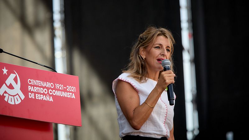 La vicepresidenta segunda del Gobierno y ministra de Trabajo y Economía Social, Yolanda Díaz, en la fiesta del centenario del PCE en Rivas-Vaciamadrid en septiembre de 2021.