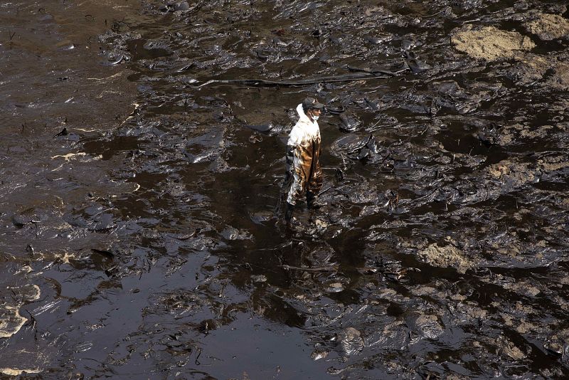 Persona entre la aguas contaminadas de petróleo