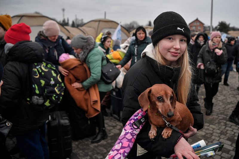 Una adolescente sostiene a su mascota en la frontera de Ucrania con Polonia en Medyka, al sudeste de Polonia