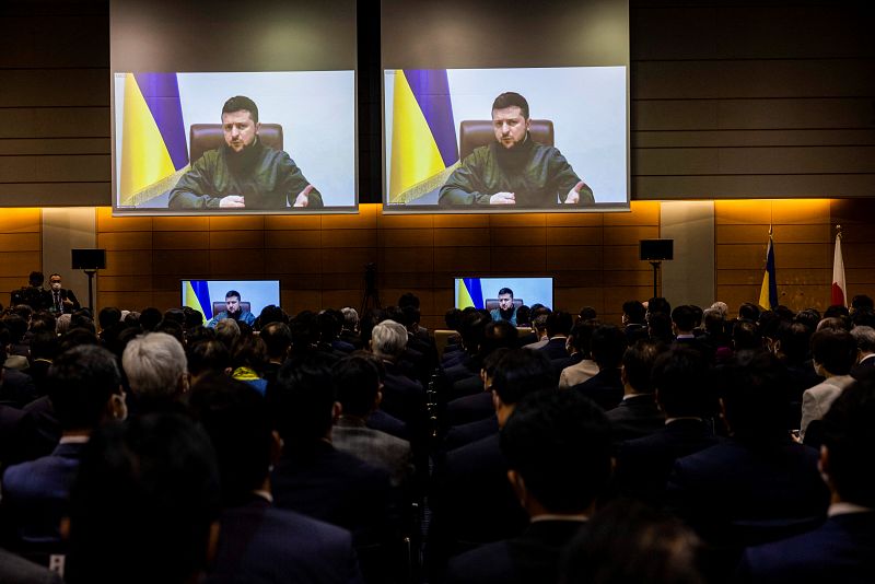 Ukraine's President Volodymyr Zelenskiy delivers online speech to Japan's lower house of the parliament, in Tokyo