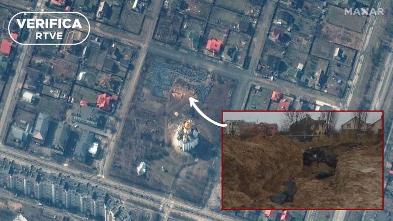 Bucha. Geolocalización del enterramiento. Imagen: Maxar/Reuters, RTVE, con el sello VerificaRTVE en blanco