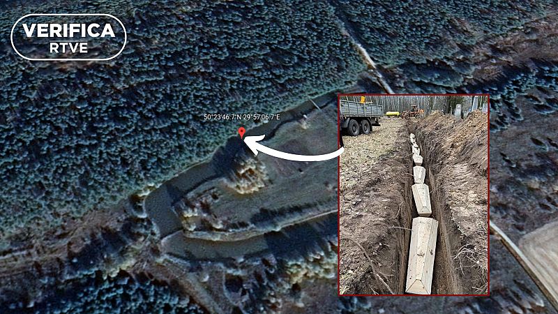 Chernihiv. Geolocalización del enterramiento. Imagen: Google Earth, Oleksandra Matviichuk, con el sello VerificaRTVE en blanco