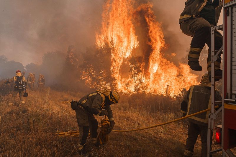 Los bomberos trabajan en las tareas de extinción del fuego en Pumarejo de Tera, cerca de Zamora