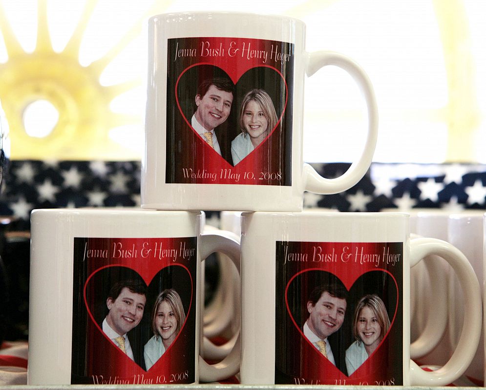Souvenir coffee mugs celebrating wedding of first daughter Jenna Bush and Henry Hager are for sale in Crawford