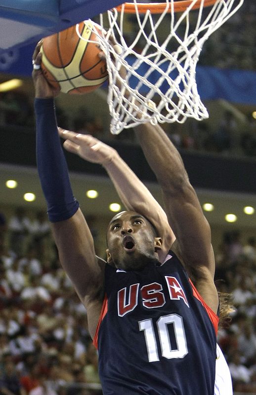 Kobe Bryant of the U.S. goes up for the slam dunk against Spain during their men's Group B basketball game at the Beijing 2008 Olympic Games