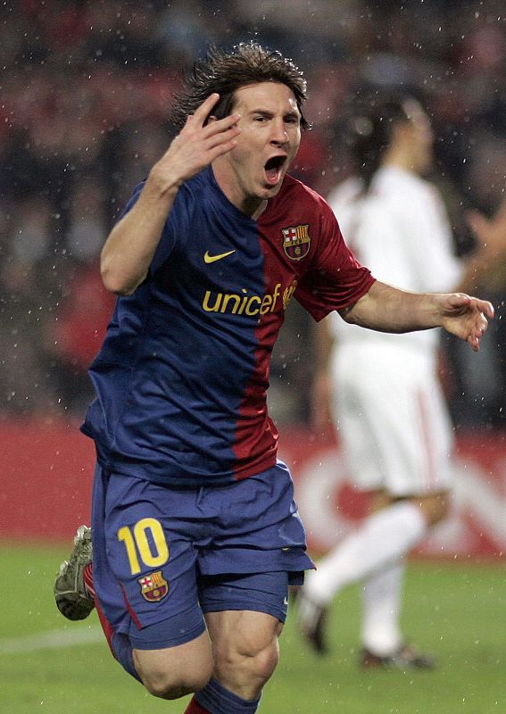 Barcelona's Messi celebrate after scoring against Bayern Munich during their Champions League quarter-final, first-leg soccer match