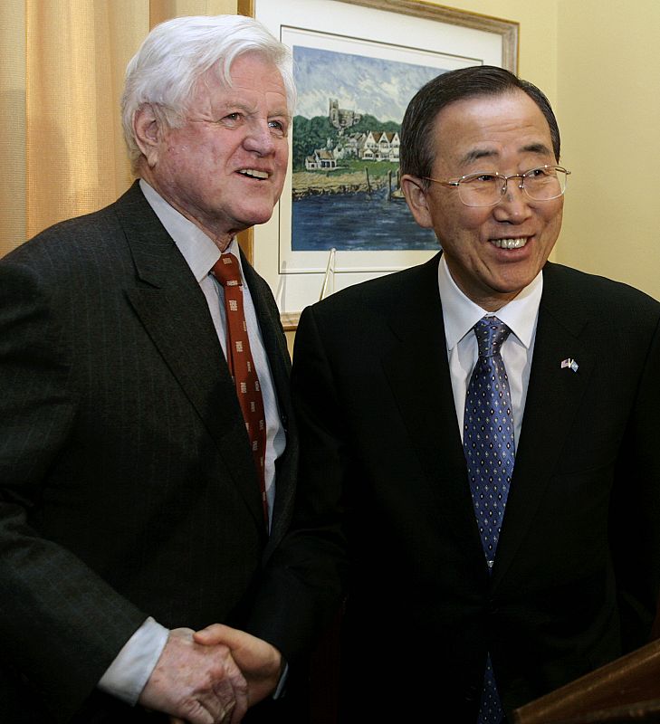 UN Secretary General Ban shakes hands with Senator Kennedy after meeting at Russell Senate office building in Washington