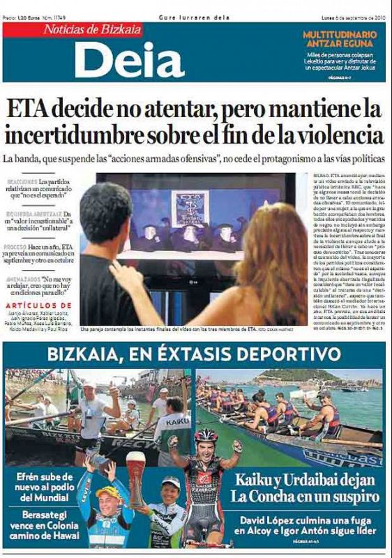 Portada de Deia tras el anuncio de ETA