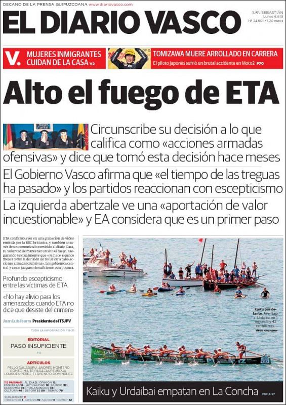 Portada de 'El Diario Vasco' tras el anuncio de ETA