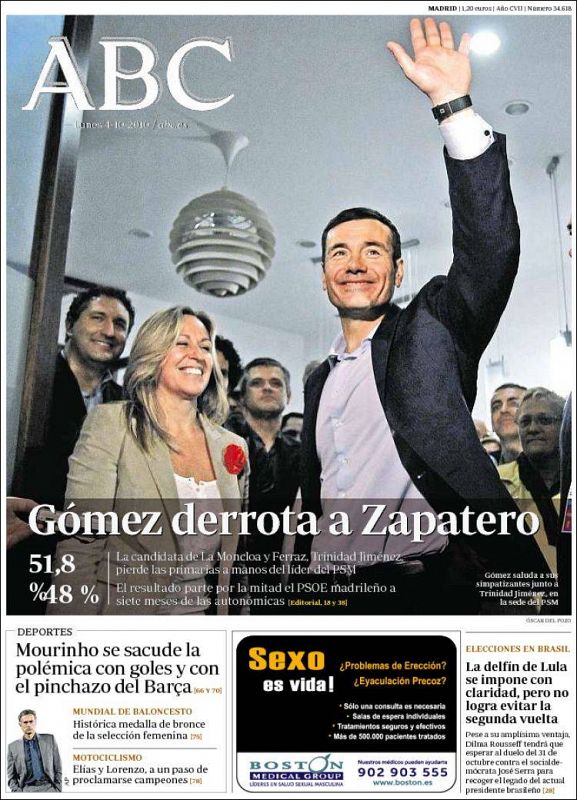 El 'ABC' sigue la línea del resto de diarios y considera que 'Gómez ha derrotado a Zapatero'