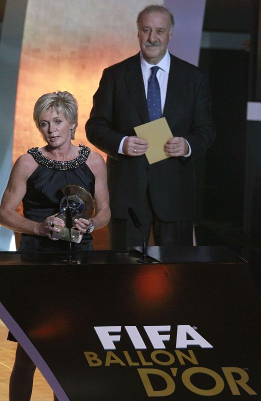 Neid of Germany holds her FIFA World Coach of the Year for Women's Football trophy during the FIFA Ballon d'Or 2010 soccer awards ceremony in Zurich
