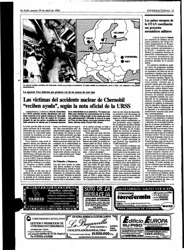 El diario "El país", en su edición del día 29 de abril de 1986, hacía una primer análisis de lo ocurrido en Chernóbil