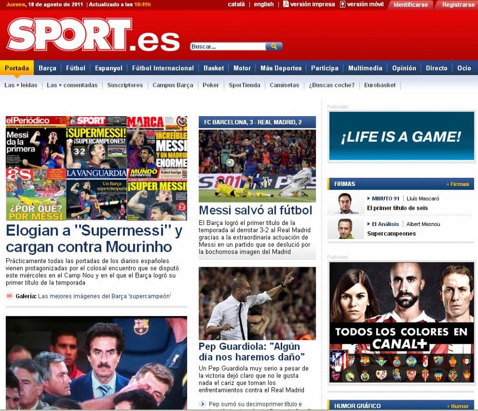 Los diarios catalanes elogian a Messi y cargan contra Mourinho, en portada publican declaraciones del entrenador Pep Guardiola tras el encuentro.