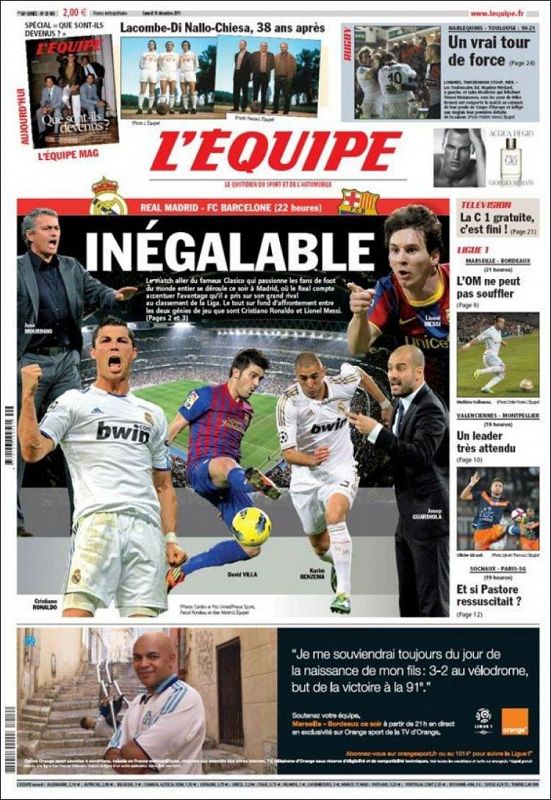 "Inigualable", reza el titular del periódico francés L'Equipe, aludiendo al espectáculo que se vio en el Bernabéu.