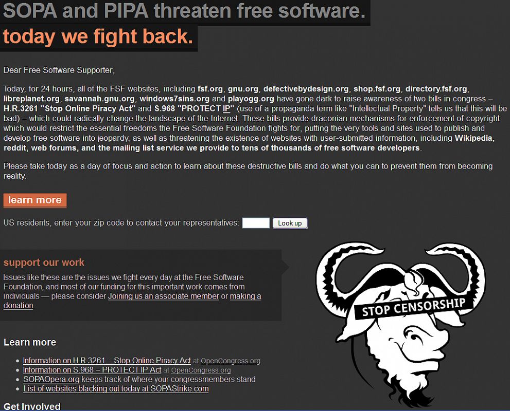 Mensaje contra la Ley SOPA de la web de la Free Software Foundation en su página principal