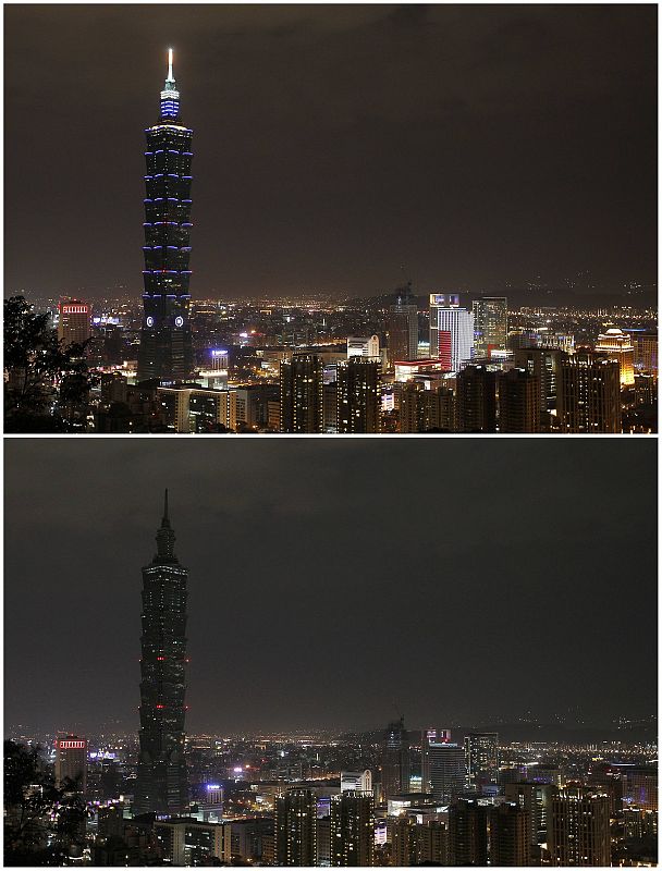 A combination picture shows the Taipei 101 building before (top) and during Earth Hour in Taipei