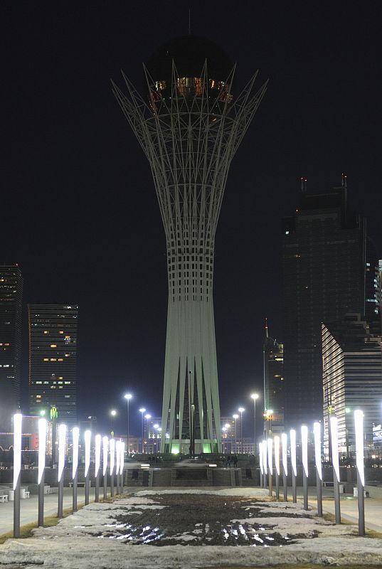The 97-metre monument Baiterek is seen during Earth Hour in Kazakhstan's capital Astana