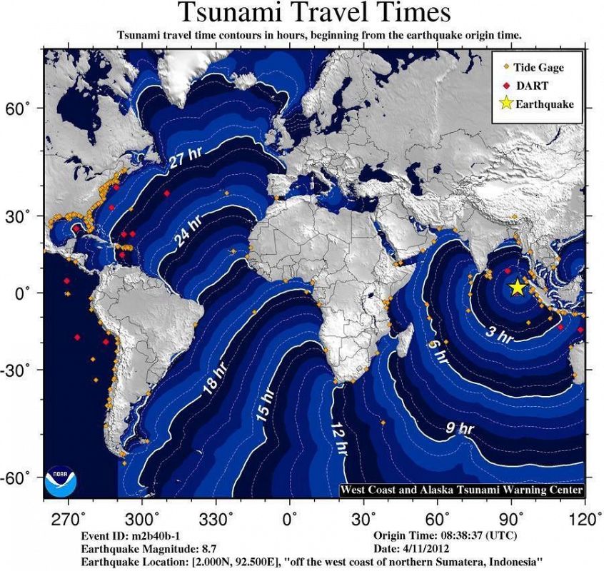 Fotografía de la National Oceanic and Atmospheric Administration (NOAA) con la localización del terremoto y la previsión de tsunamis