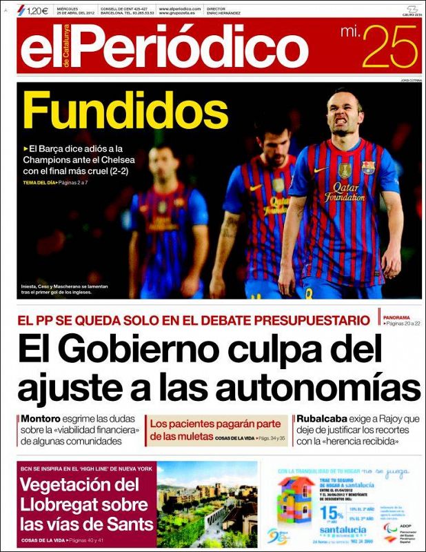 El Periódico habla de "Fundidos. El Barça dice adiós a la Champions ante el Chelsea con el final más cruel"