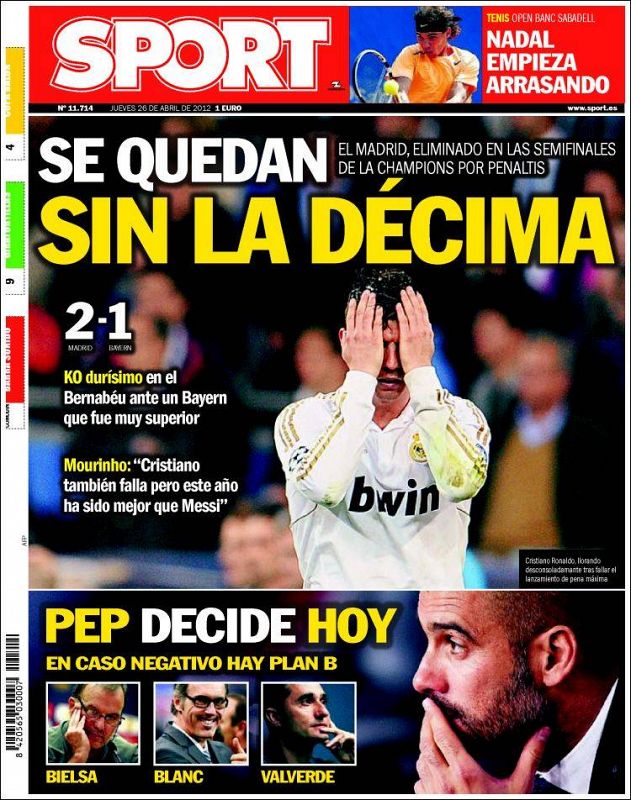 El diario deportivo catalán Sport ilustra con una imagen de Cristiano Ronaldo el adiós a la décima Copa de Europa para los blancos.