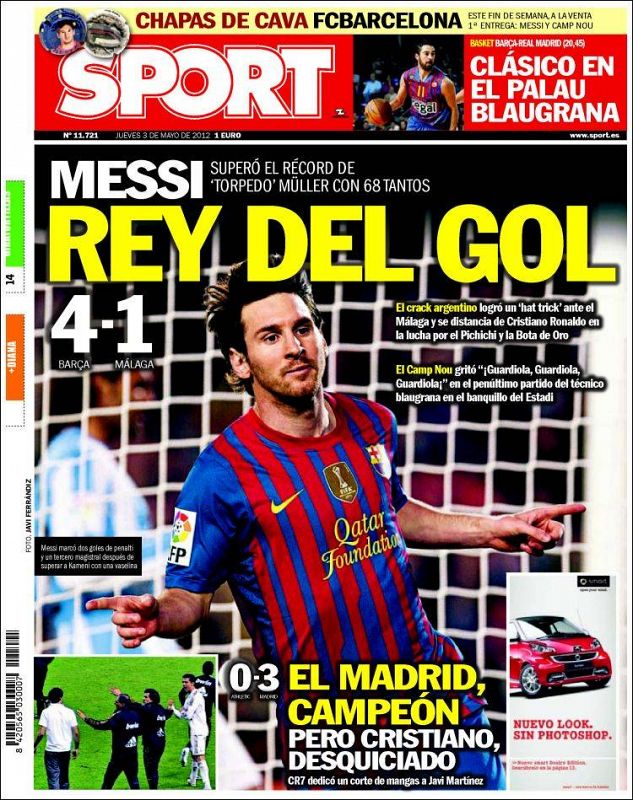 El diario deportivo catalán, Sport, abre con la victoria del Barcelona ante el Málaga y, abajo, comenta: "El Madrid, campeón, pero Cristiano, desquiciado".