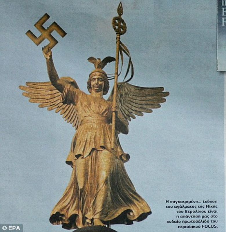 En el diario Eleftheros Typos la tradicional imagen de la diosa en la columna de la victoria de Berlín sostiene una esvástica en lugar de la corona de laurel.