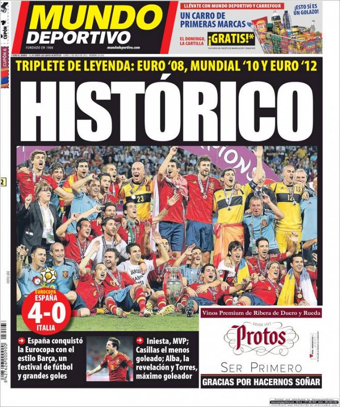 'El Mundo Deportivo' destaca el triplete "Histórico" de España al ganar la Eurocopa de 2012.