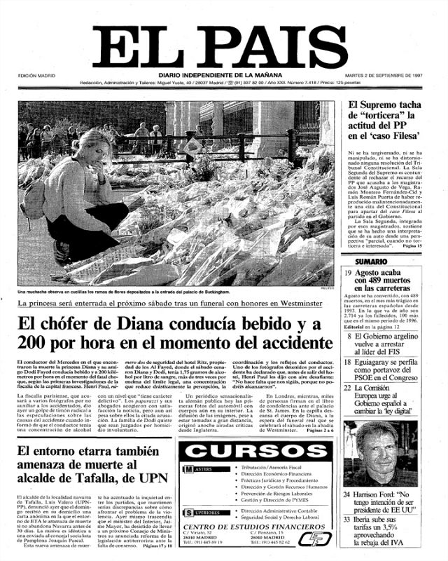 Portada de 'El País'. Martes 2 de septiembre 1997