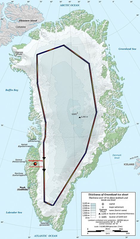 Mapa de Groenlandia con el perímetro de la circunnavegación marcado.