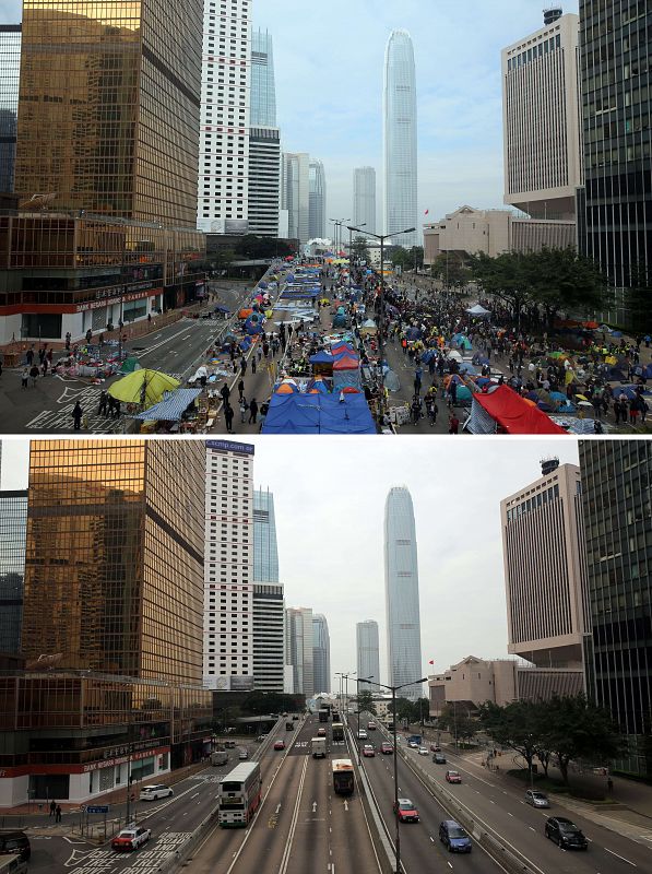 Combinacion de fotografías que muestran el antes y el después del desalojo de la protesta en el distrito de Admiralty, el 11 de diciembre (arriba) y el 12 (abajo)