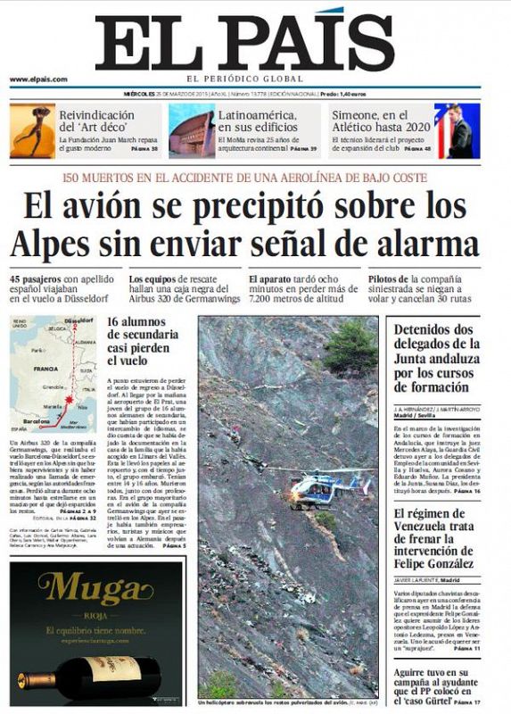 El diario 'El País' titula: "El avión se precipitó sobre los alpes sin enviar señal de alarma".