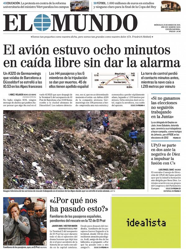 El diario 'El Mundo' titula: "El avión estuvo ocho minutos en caída libre sin dar la alarma" con una foto del lugar del siniestro.