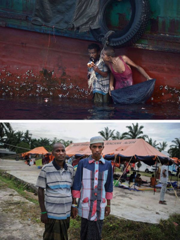 Hamid Husen y Muhammad Ehsan comen la comida arrojada al mar por un helicóptero militar tailandés el pasado 14 de mayo. Hoy, están en Indonesia.