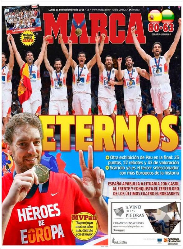 'Eternos' es el titular de Marca, que lleva a su portada el oro español en el Eurobasket.