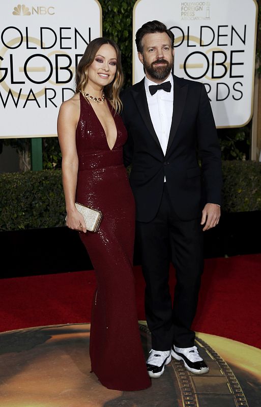 Olivia Wilde and Jason Sudeikis arrive at the 73rd Golden Globe Awards in Beverly Hills